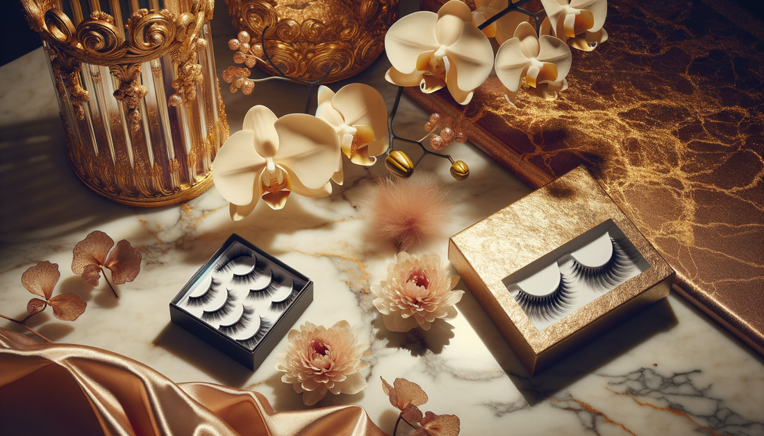 luxury lashes and hair extensions glowing on marble with orchid petals and soft lighting