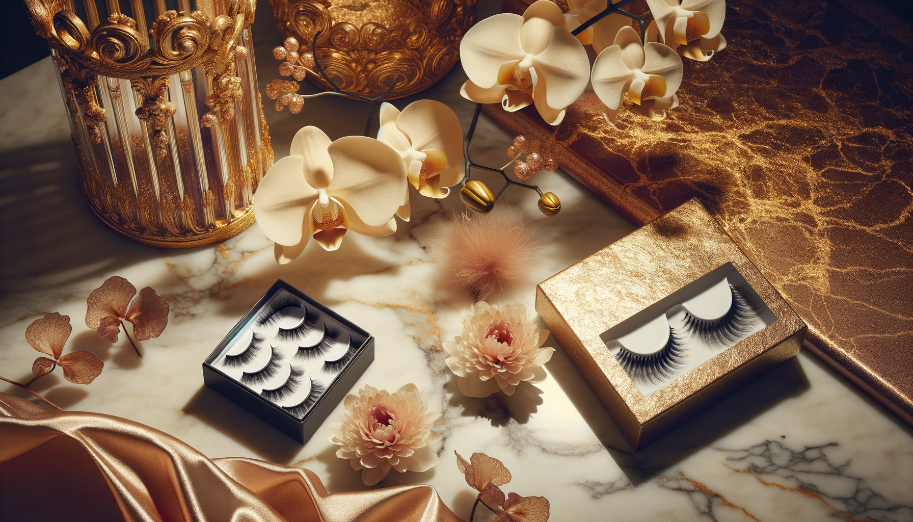 luxury lashes and hair extensions glowing on marble with orchid petals and soft lighting