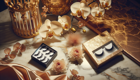luxury lashes and hair extensions glowing on marble with orchid petals and soft lighting