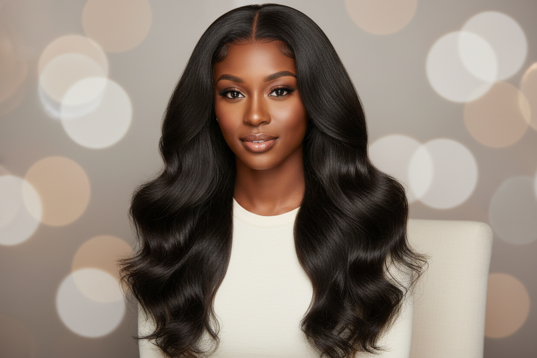 Woman with long, glossy waves showcasing virgin Brazilian hair bundles for luxurious beauty inspiration