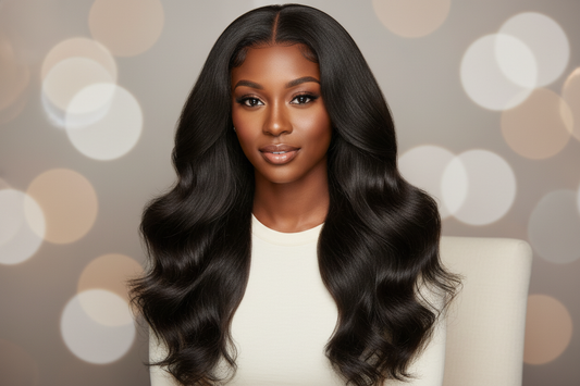 Woman with long, glossy waves showcasing virgin Brazilian hair bundles for luxurious beauty inspiration